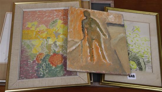 * Hackel, oils on board, Flower study, signed, 30 x 20cm, J* R* A*, watercolour drawing, signed initials and dated 1939,